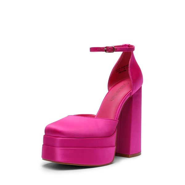 High Chunky Square Toe Ankle Strap Platform Pumps - ROSE RED SATIN -  0